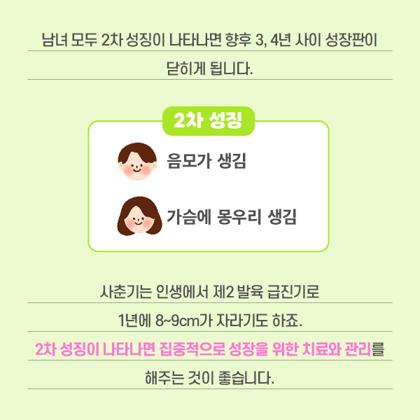 참고 이미지 : 남녀 모두 2차 성징이 나타나면 향후 3, 4년 사이 성장판이 닫히게 됩니다. 2차 성징 음모가 생김, 가슴에 몽우리 생김 사춘기는 인생에서 제2 발육 급진기로 1년에 8~9cm가 자라기도 하죠. 2차 성징이 나타나면 집중적으로 성장을 위한 치료와 관리를 해주는 것이 좋습니다. | 자생한방병원·자생의료재단