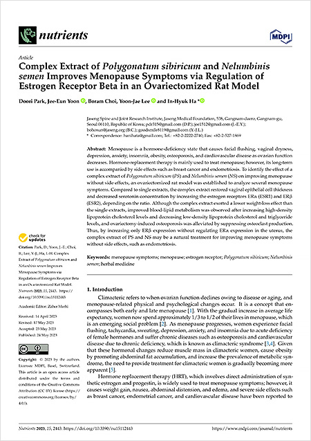 ‘Nutrients’ 5월호에 게재된 해당 연구 논문 「 Complex Extract of Polygonatum sibiricum and Nelumbinis semen Improves Menopause Symptoms via Regulation of Estrogen Receptor Beta in an Ovariectomized Rat Model 」 | 자생한방병원・자생의료재단