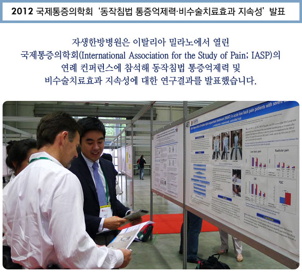 2012 국제통증의학회 '동작침법 통증억제력∙비수술치료효과 지속성' 발표. 자생한방병원은 이탈리아 밀라노에서 열린 국제통증의학회의 연례 컨퍼런스에 참석해 동작침법 통증억제력 및 비수술치료효과 지속성에 대한 연구결과를 발표했습니다. 주제에 대해 이야기중인 모습